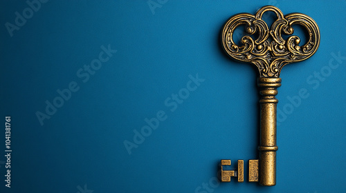 Ornate Gold Key Against Blue Surface