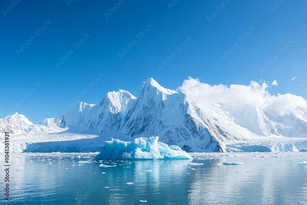 Fototapeta premium Majestic icy mountains reflect in tranquil waters under a clear blue sky during daylight in a remote polar region