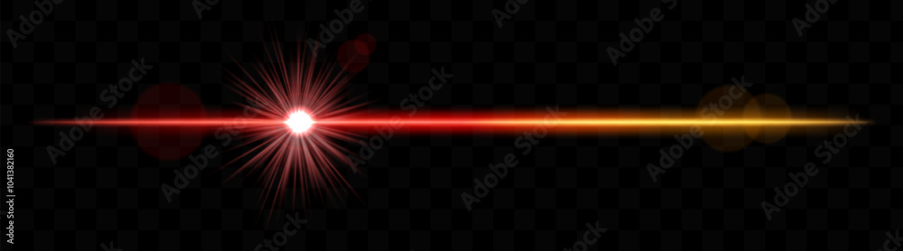 Obraz premium Bright red and yellow horizontal light flare with lens effect. Shining burst, luminous beam, optical flash, glowing streak, radiant glow, transparency.