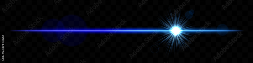 Obraz premium Bright Blue horizontal light flare with lens effect. Shining burst, luminous beam, optical flash, glowing streak, radiant glow, transparency.
