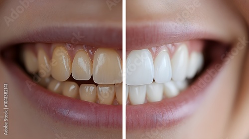 Before-and-after photo comparison of teeth whitening, highlighting the noticeable change from yellowish discoloration to bright, pearly white teeth photo