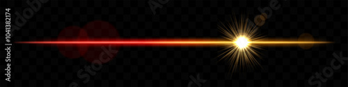 Bright red and yellow horizontal light flare with lens effect. Shining burst, luminous beam, optical flash, glowing streak, radiant glow, transparency.
