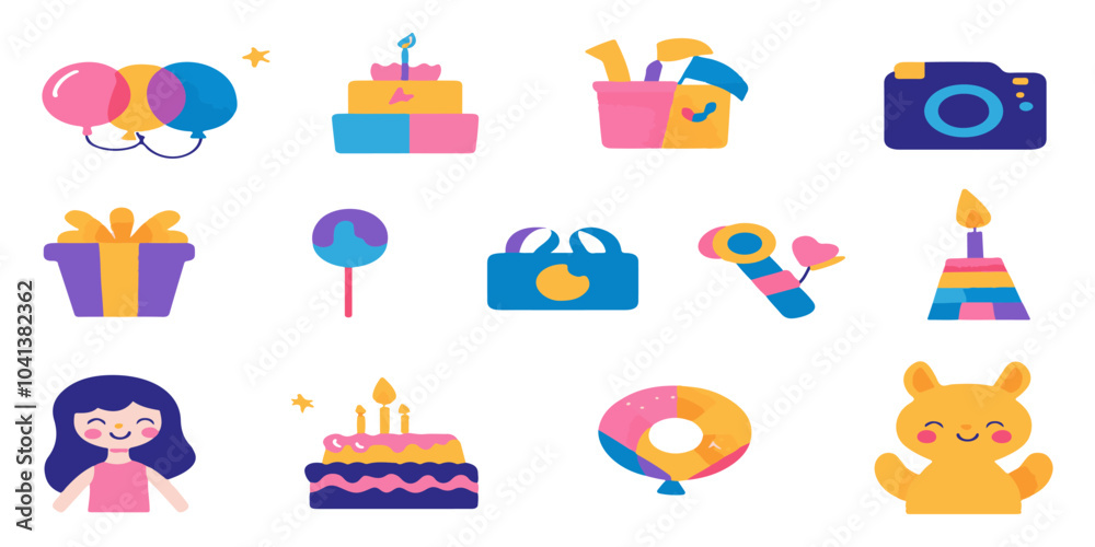 Obraz premium set icons of kids' birthday party, flat design illustration, colorful, simple and clean, white background