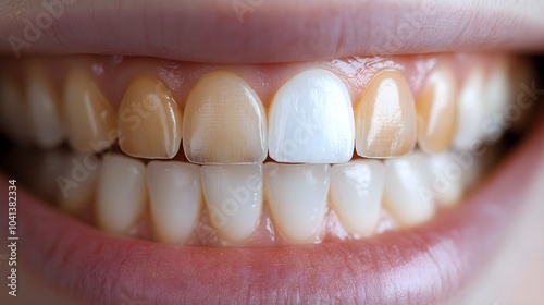 Weekly transformation of teeth with whitening strips, showing gradual lightening of tooth shade from yellow to white, with a clear final result comparison