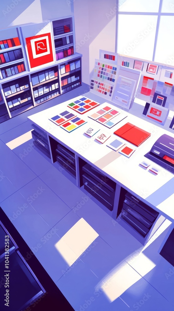 Fototapeta premium White table with color swatches and a red binder in an office setting with shelves, a window, and sunlight.
