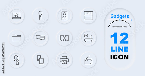 Gadgets set icon. Webcam, microphone, speaker, floppy disk, file folder, chat bubbles, mobile sync, router, printer, radio. Communication devices, tech accessories, electronics