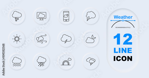 Weather set icon. Snow cloud, cloud on monitor, weather app on phone, thundercloud, sun, windy cloud, thunderstorm, cloud with stars, rainfall, rainbow, lightning with rain. Weather forecast