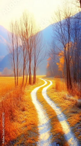 Winding dirt road through a field with mountains in the background at sunset.