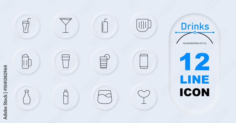 Drinks set icon. Glass, cocktail, beer mug, soda can, water bottle, coffee cup, martini glass, juice cup, drink can, tumbler, milk bottle, cup Drinks set icon. Glass, cocktail, beer mug, soda can, water bottle, coffee cup, martini glass, juice cup, drink can, tumbler, milk bottle, cup