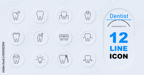 Dentist set icon. Dental implant, smiling, decay, hearts, dental tool, healthy, broken, shield. Oral health, dental treatment, protection.