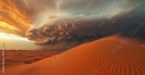 A vast desert landscape with dramatic storm clouds looming over red sand dunes.