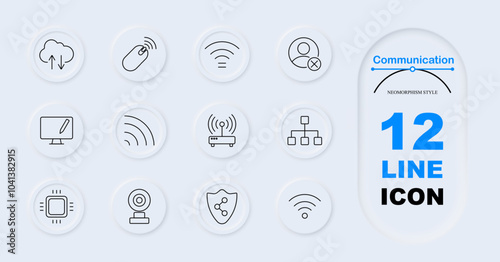 Communication set icon. Cloud upload, mouse, Wi-Fi, percentage, network diagram, monitor, webcam, microchip, router, shield. Internet service, communication technology, secure network, cloud storage