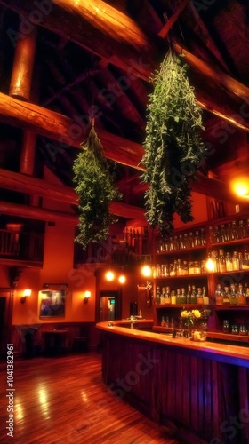 Dark wooden bar with hanging herbs and shelves full of bottles in a rustic setting.