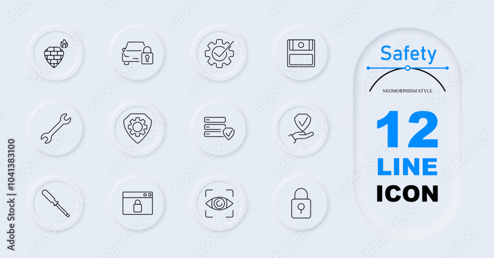 Safety set icon. Firewall, locked car, cog with check mark, hard drive, wrench, shield with cog, screwdriver, browser lock, eye scanner, lock. Safety set icon. Firewall, locked car, cog with check mark, hard drive, wrench, shield with cog, screwdriver, browser lock, eye scanner, lock.