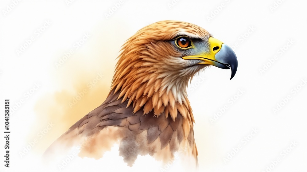 Obraz premium A close-up of a majestic golden eagle showcasing its sharp beak and intense gaze against a soft, light-colored background