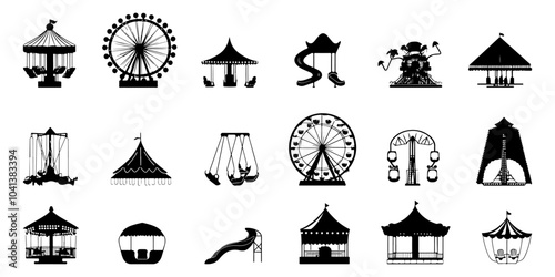 Amusement park rides silhouette vector set, Ferris wheel and carousel icon collection isolated on a white background.