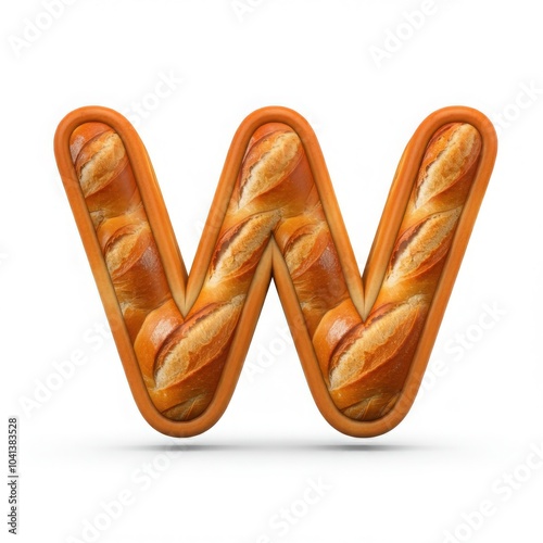 Realistic letter W shaped from baguette bread on a clean white background, perfect for bakery advertising, creative food typography, and artisanal bread-themed graphic designs. photo