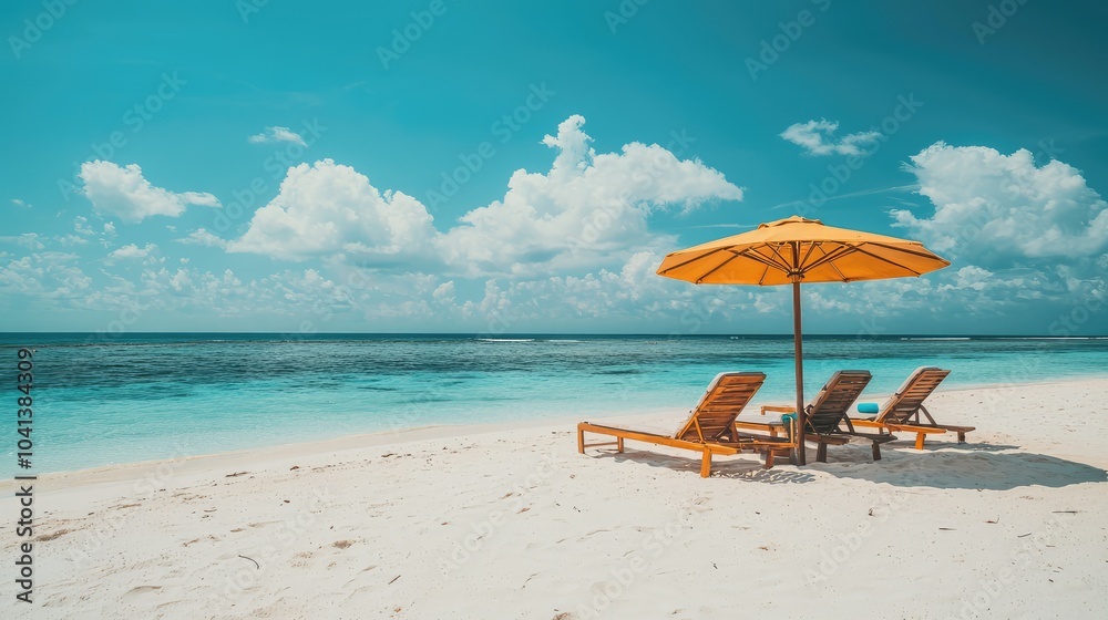 Sunny Beach Scene with Umbrella and Lounge Chairs Sunny Beach Scene with Umbrella and Lounge Chairs