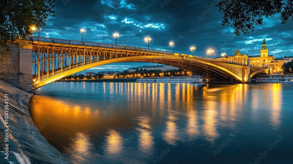 Obraz premium Illuminated Golden Bridge Over Calm River at Dusk