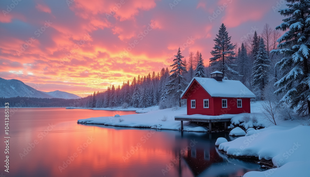 Fototapeta premium A red house on stilts in a snowy landscape at sunset.