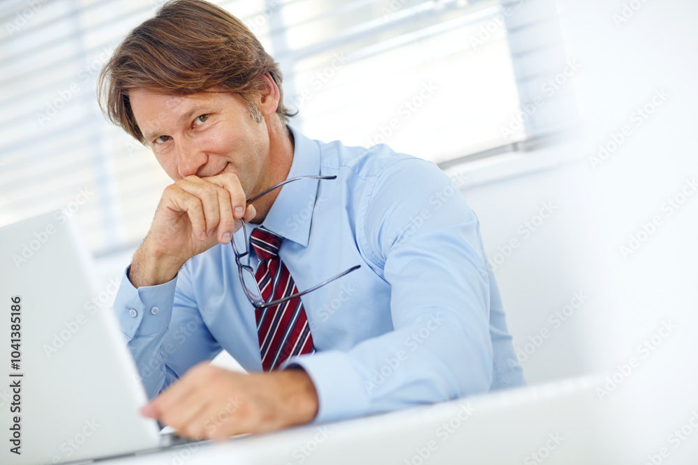 Man, portrait and laptop for trading in office, communication and email client for risk management. Male person, networking and online for investment report, review budget portfolio and planning Man, portrait and laptop for trading in office, communication and email client for risk management. Male person, networking and online for investment report, review budget portfolio and planning