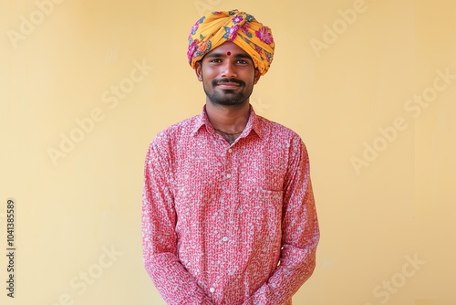 Man in Traditional Turban and Colorful Shirt. Generative AI.