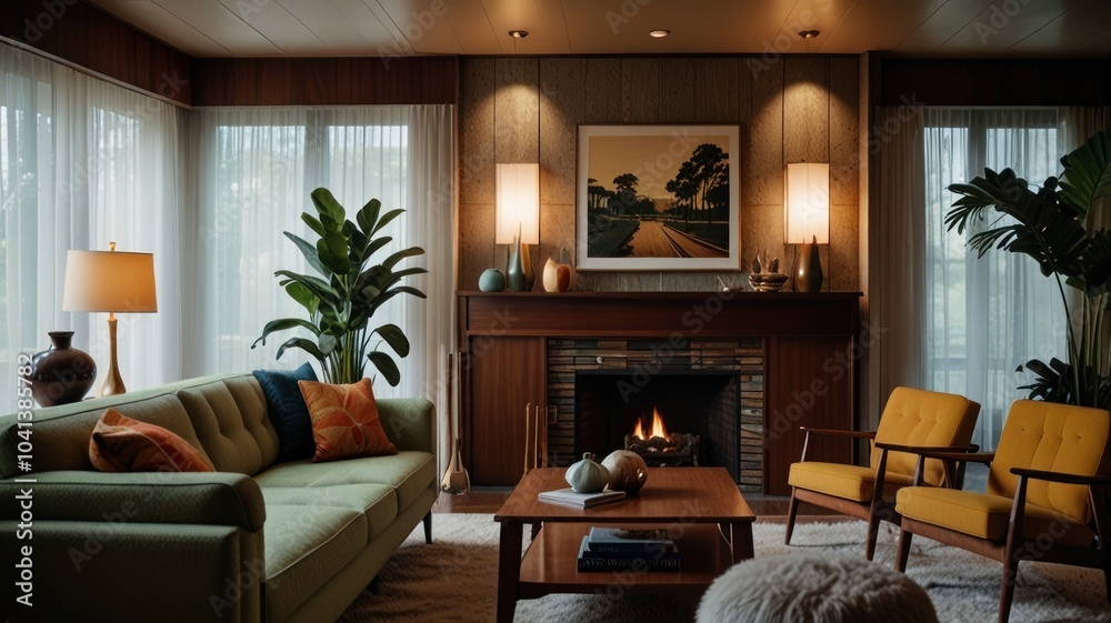 A cozy living room with a fireplace, two armchairs, a sofa, plants, and a coffee table.