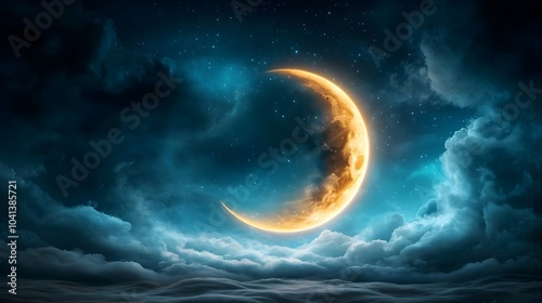 Enchanting crescent moon with swirling tendrils of shimmering light against a serene mystical blue sky Cosmic spiritual and dreamlike celestial background