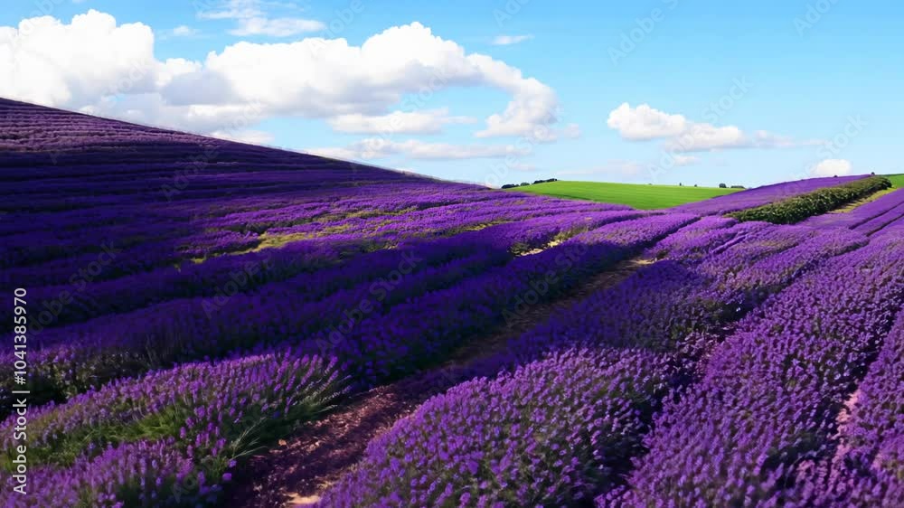 Zooming out, bright daylight reveals a wide video of rolling hills covered in lavender. midday with scattered clouds. Zooming out, bright daylight reveals a wide video of rolling hills covered in lavender. midday with scattered clouds.