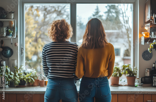 Two women stand back to back, looking out of a kitchen window. photo