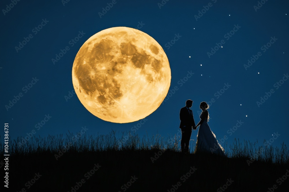 Couple holding hands under a full moon in a starry night sky Couple holding hands under a full moon in a starry night sky