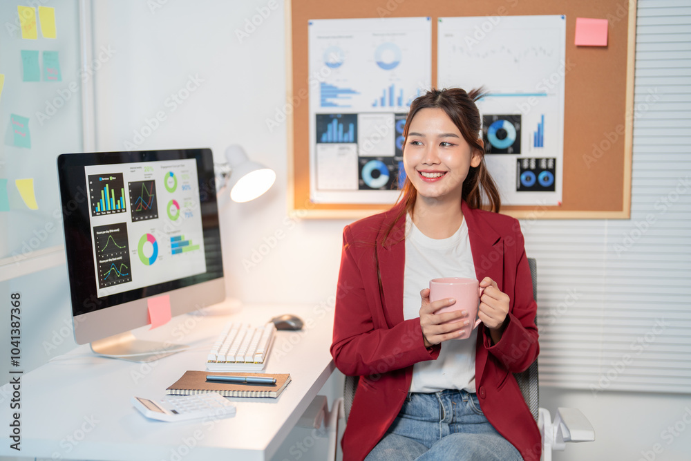 Young businesswoman takes a break, smiling with her coffee in a stylish office at night Young businesswoman takes a break, smiling with her coffee in a stylish office at night