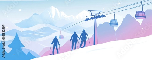A flat illustration of people on skis, with mountains in the background and cable cars above them. The colors should be soft pastel blue, pink, purple, white, and light gray.