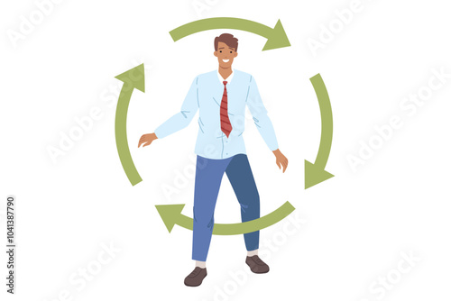 Businessman, rehabilitated after bankruptcy, steps through circle of green arrows. Successful male office employee rehabilitated and reborn after being fired and emptying bank accounts