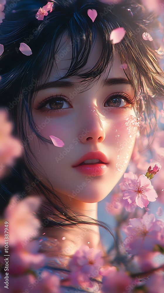 Obraz premium A tranquil anime girl, hair flowing, surrounded by cherry blossoms, petals drifting in the wind, the glow of dawn illuminating her calm expression, soft pastel colors,