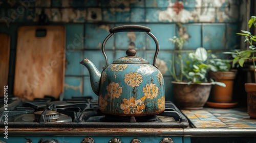 Vintage tea kettle on a classic stove photo