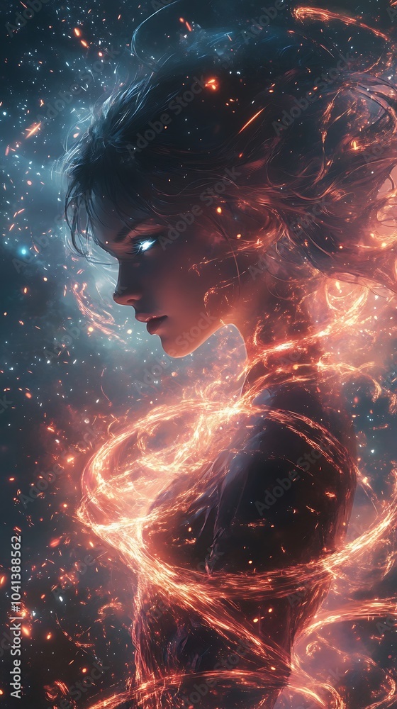 Obraz premium Anime girl casting a bright, swirling spell, glowing rings of light expanding from her hands, her hair and clothes flowing with the energy surge, the air filled with sparkles and glowing mist,