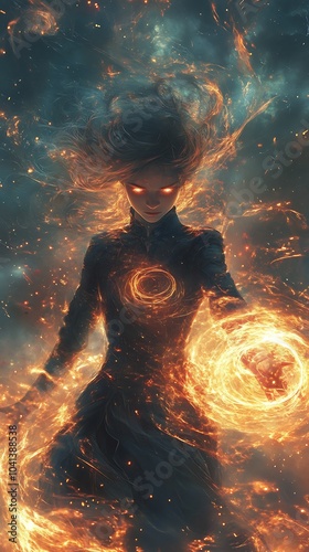 Anime girl casting a bright, swirling spell, glowing rings of light expanding from her hands, her hair and clothes flowing with the energy surge, the air filled with sparkles and glowing mist,