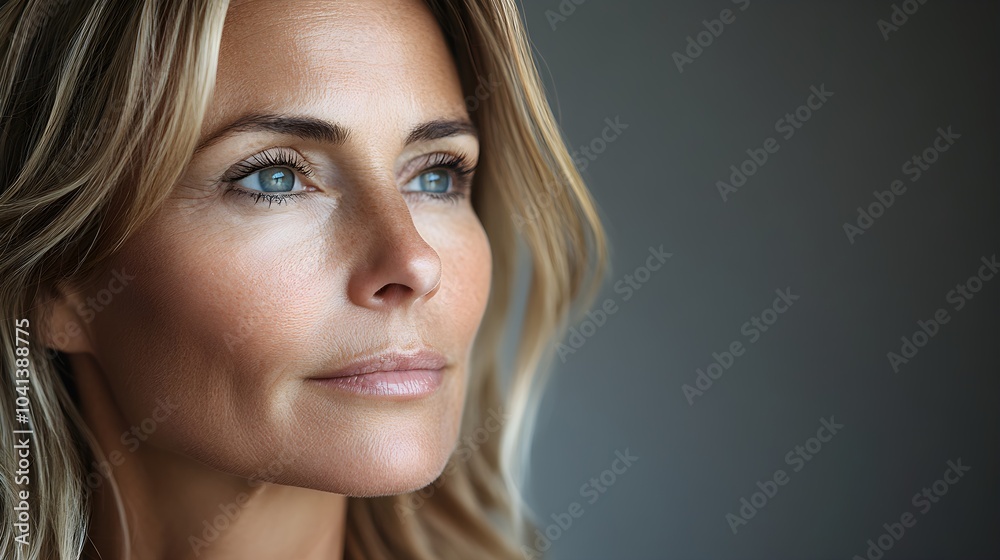 Obraz premium Side-by-side facelift results, showing the smooth, youthful appearance after surgery, subtle text overlay, soft lighting, Photorealistic, Neutral Tones