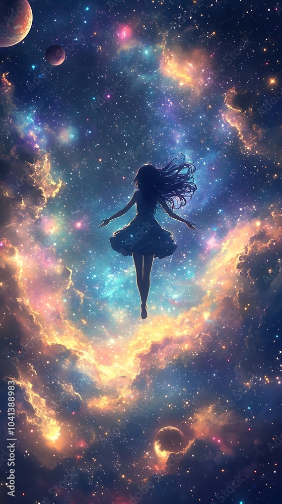 Fototapeta premium Anime girl floating weightlessly in a cosmic sea of stars and galaxies, planets orbiting around her, her hair flowing like waves in space, soft pastel colors glowing in the cosmic background,