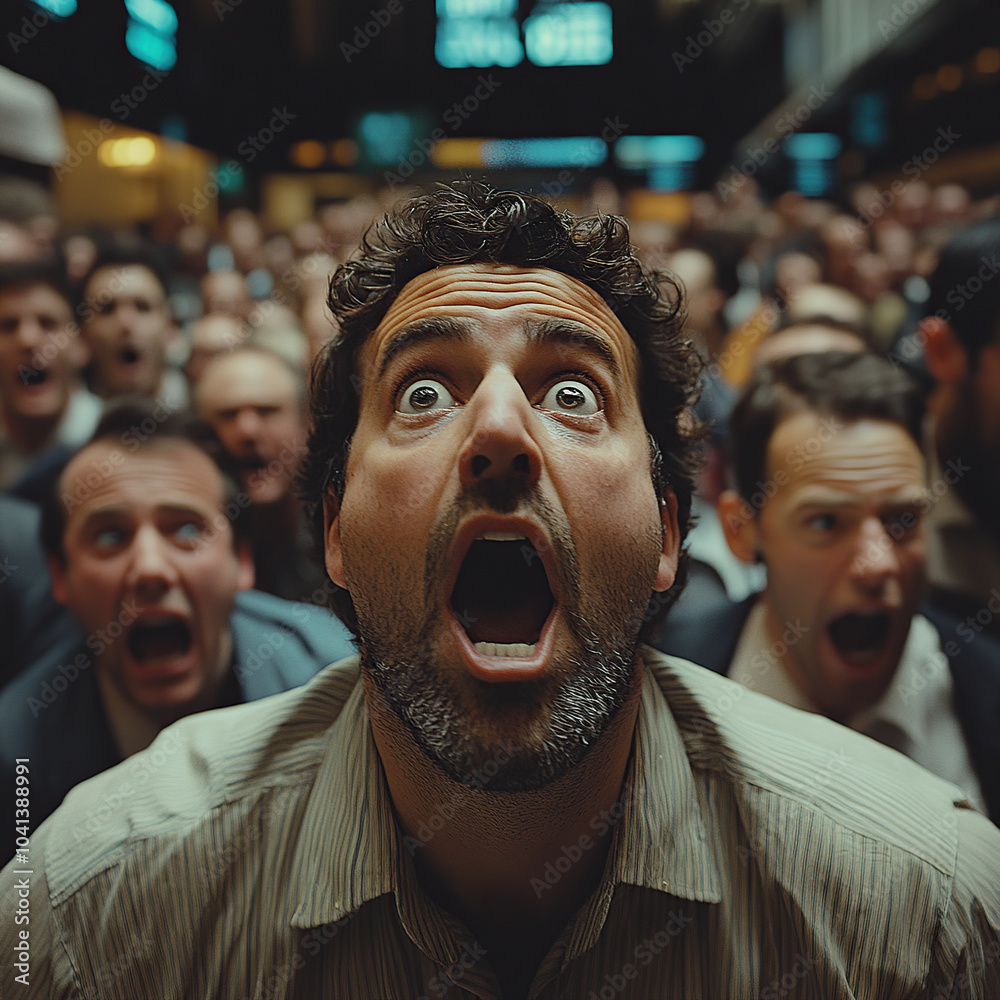 A photograph of people in the stock exchange, looking shocked and screaming, wearing glasses A photograph of people in the stock exchange, looking shocked and screaming, wearing glasses