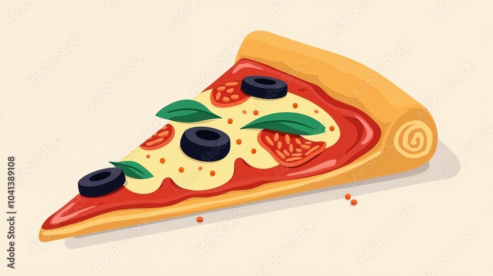 A delicious slice of pizza topped with olives, pepperoni, and fresh basil sitting on a light background, showcasing vibrant colors and textures for a tempting culinary treat A delicious slice of pizza topped with olives, pepperoni, and fresh basil sitting on a light background, showcasing vibrant colors and textures for a tempting culinary treat