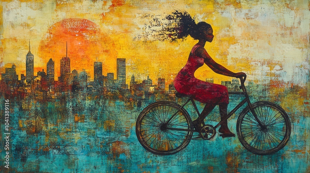 custom made wallpaper toronto digitalWoman Biking Against Colorful City Sunset