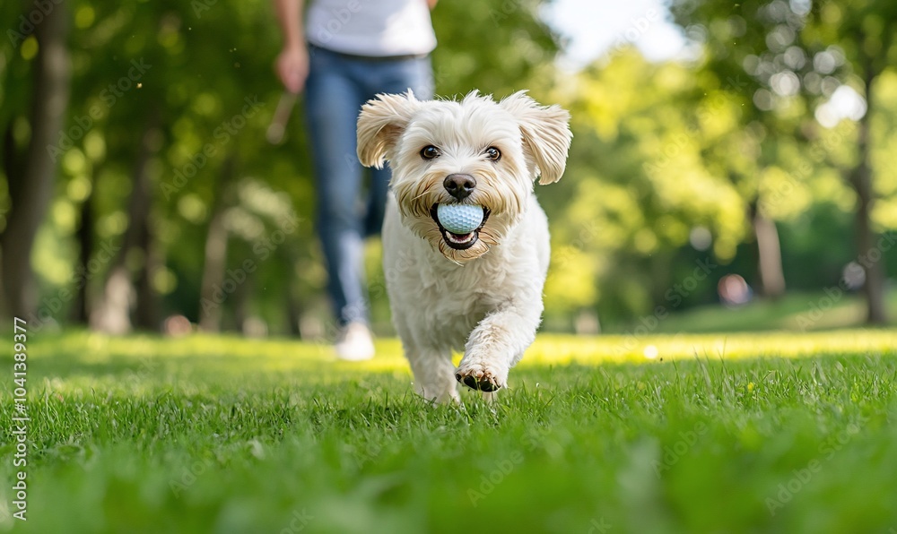 A happy white dog runs towards the camera with a tennis ball in its mouth, while its owner walks in the background. A happy white dog runs towards the camera with a tennis ball in its mouth, while its owner walks in the background.