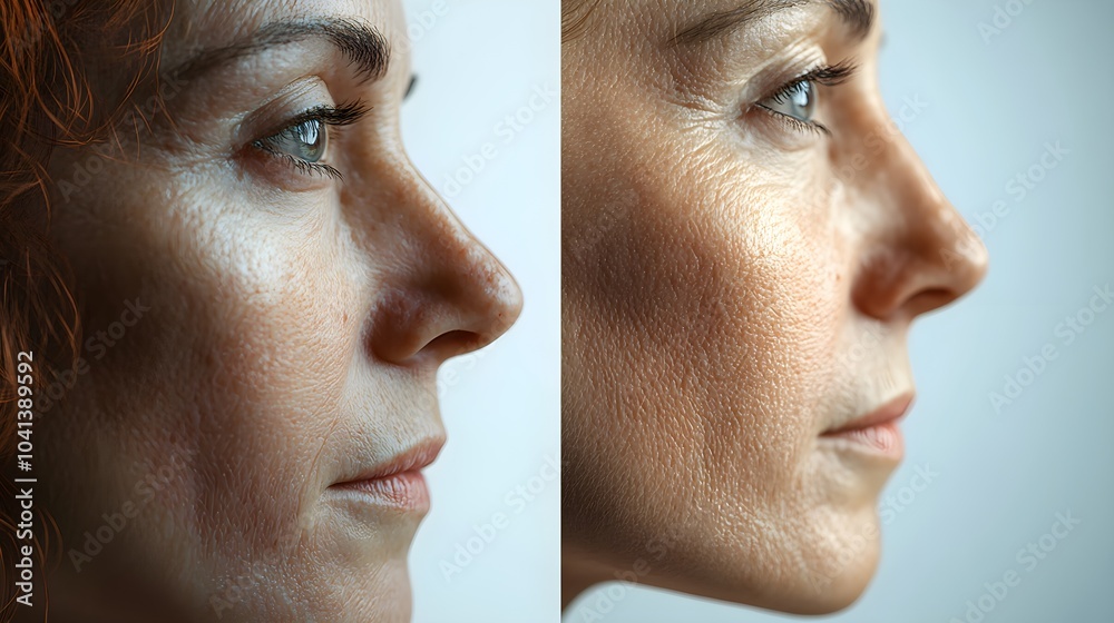 Obraz premium Side-by-side facial comparison showing a patient's skin before and after a facelift, highlighting reduced wrinkles and tightened skin, Photorealistic, High Detail, Soft Lighting