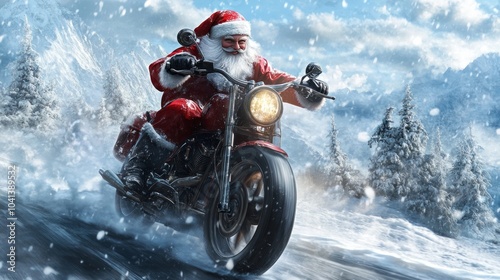 Santa on a Motorcycle Riding Through Snowy Christmas Landscape photo