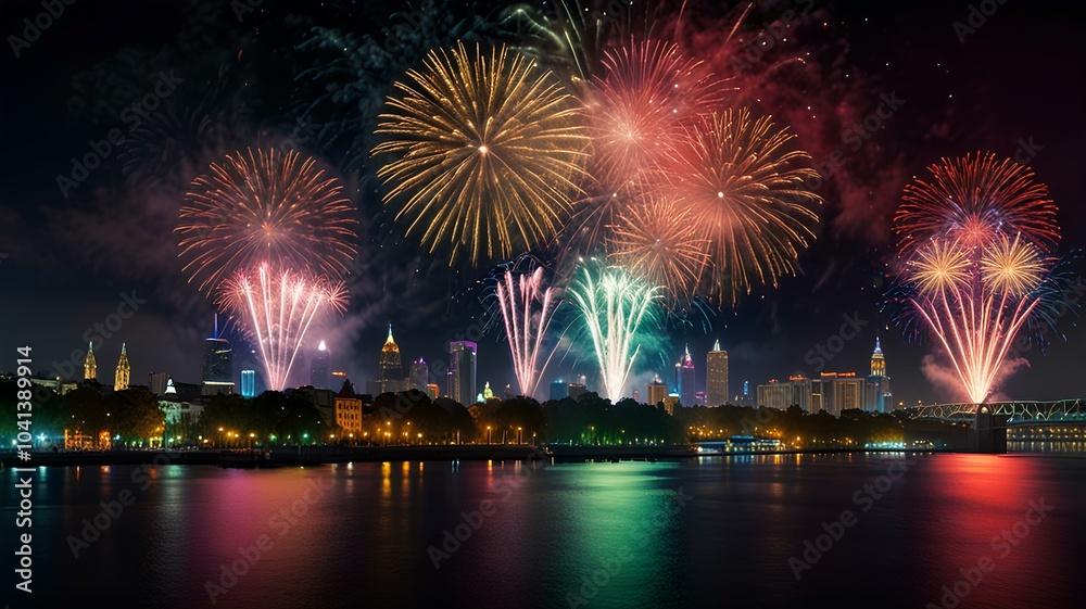 Big city metropolis celebrates new year new year's eve fireworks view from the river. Big city metropolis celebrates new year new year's eve fireworks view from the river.