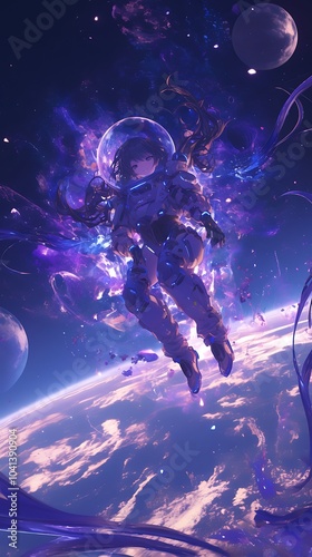 Anime girl in advanced space armor, floating weightlessly above a mysterious alien planet, her visor glowing, strange moons and swirling nebulae in the sky,