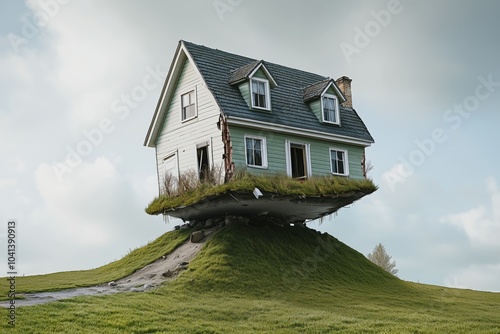 Dilapidated house collapsing due to unstable foundation symbolizing real estate investment challenge