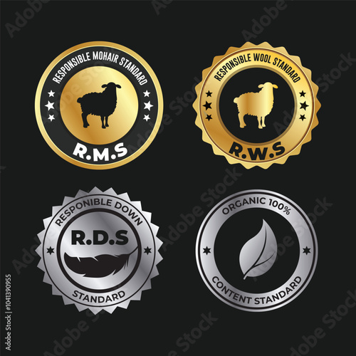 R.D.S, R.M.S, R.W.S, Organic Textile Certification Stamp. Icon, Badge, Seal, Gold and Silver textile stamps. vector illustration.